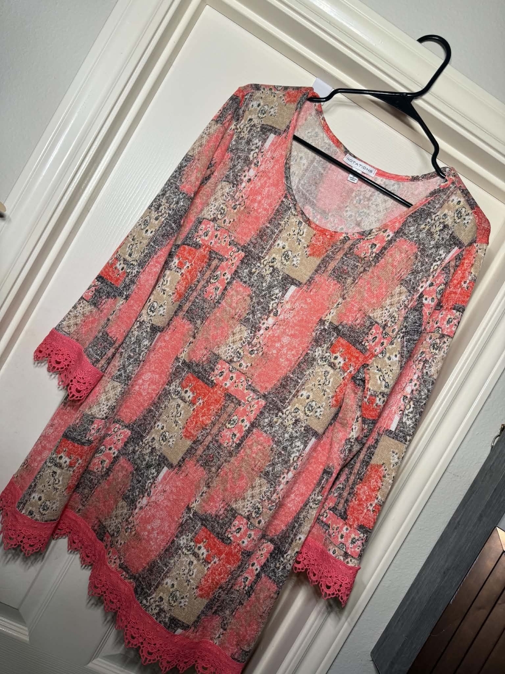 Notations Coral Patchwork Crochet-Trim Tunic Top